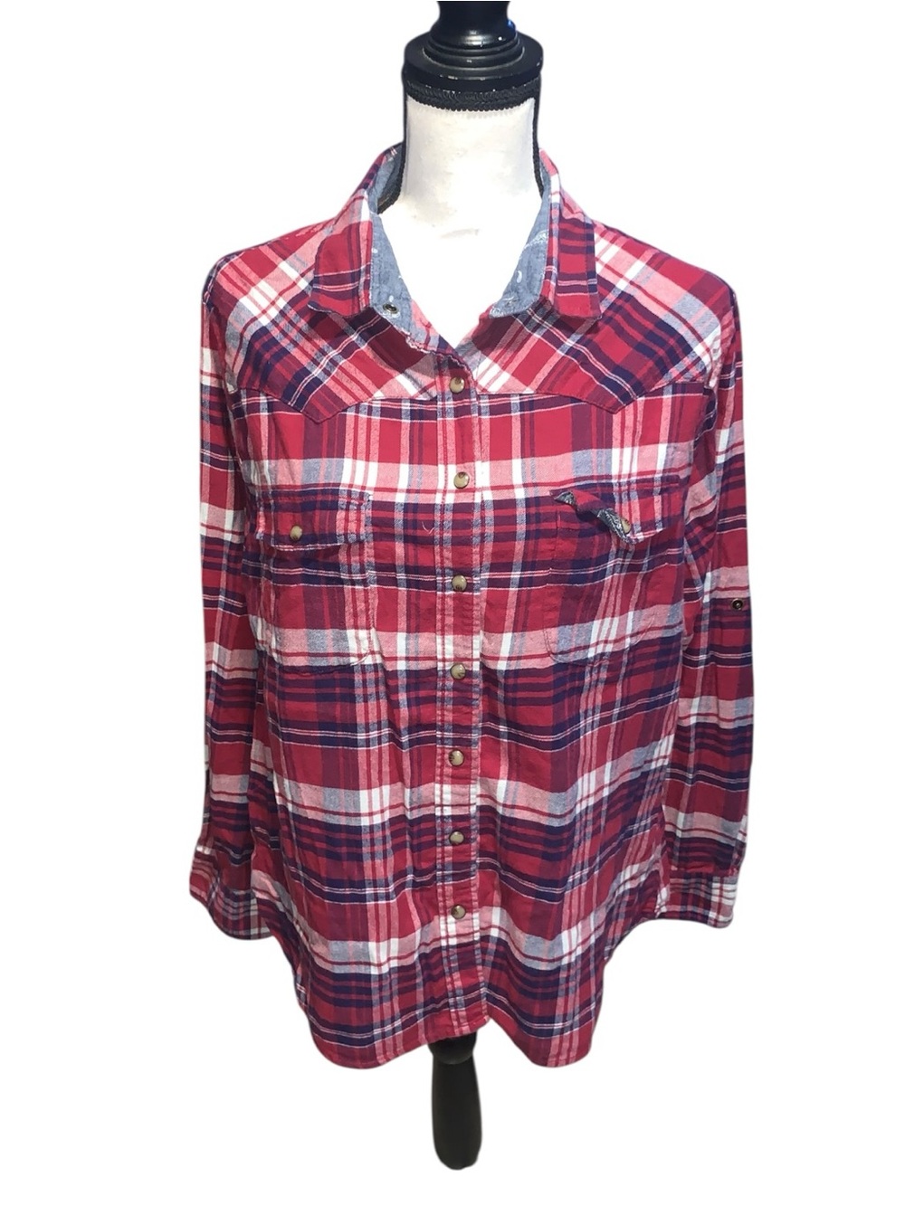 Jachs Girlfriend Comfort Stretch Red Plaid Snap Button Down Shirt Western